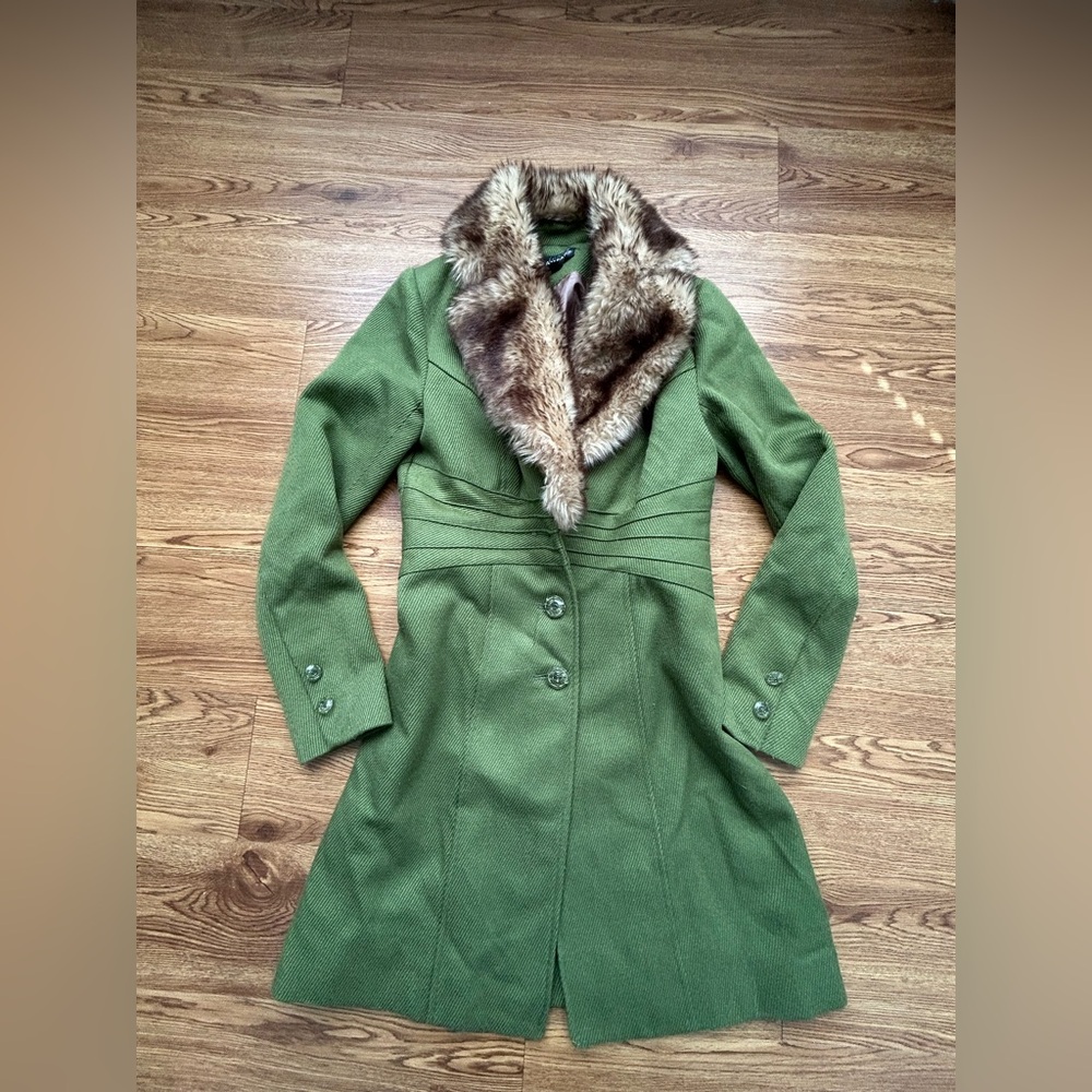 Vintage 90s Y2K Rampage Women's Faux Fur Green Penny Lane Pea Coat
